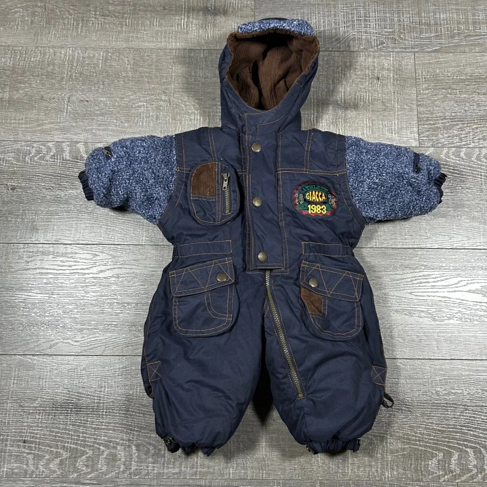 VTG Giacca Young Gallery Baby Snowsuit BuntingNavy Blue 12 Months Mittens Hooded